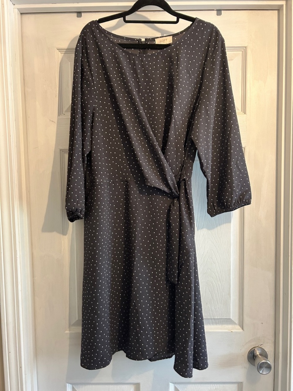 LOFT Black Polka Dot Faux-Wrap Long Sleeve Dress